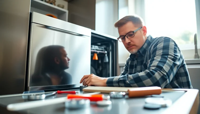 BOSCH dishwasher repair technician troubleshooting in a modern kitchen
