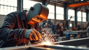 Skilled welder engaged in structural steel welding, showcasing precision and craftsmanship.