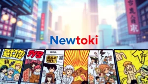 뉴토끼 웹사이트 인터페이스로 다양한 만화 캐릭터를 표현한 이미지.