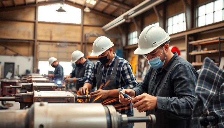 Learning at Construction trade schools in texas with students operating machinery and welding in training.