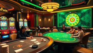 Players enjoying a thrilling game at Haywin's professional casino tables with vibrant slot machines.