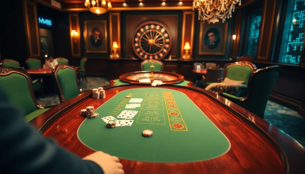 Experience high-stakes excitement at MM88's luxury casino, featuring vibrant tables and engaging players.