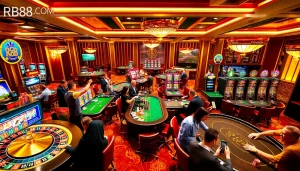 Players enjoying various games at RR88 COM, including poker and roulette in a vibrant casino ambiance.