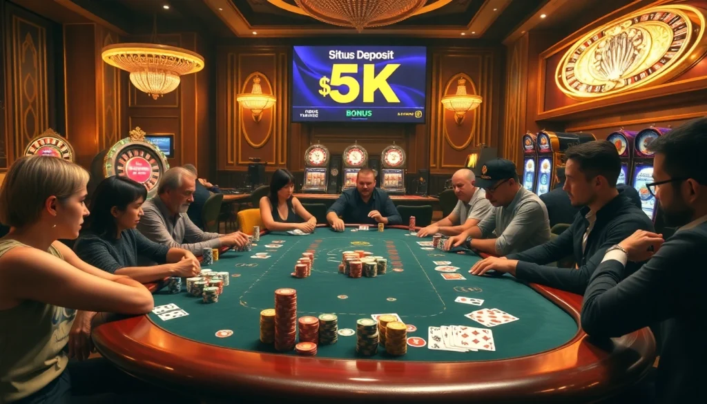 Terlibat dalam aksi permainan yang seru di situs deposit 5k kasino dengan meja yang berwarna-warni, chip, dan pemain.