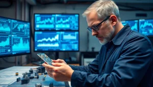 Engineer analyzing das 140 circuit designs in a modern tech lab.