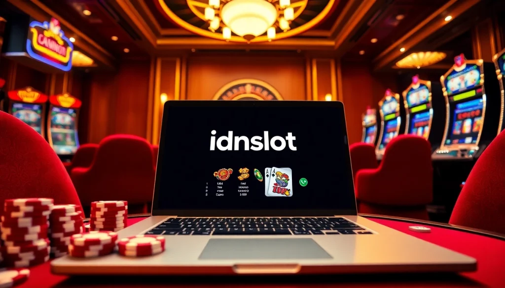 Engage with the idnslot platform at a luxurious casino featuring vibrant slot machines and poker chips.