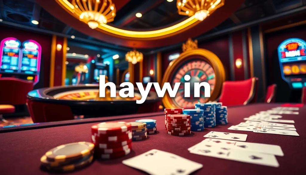 Experience high-stakes action at Haywin Casino with vibrant gaming tables, poker chips, and glowing slot machines.