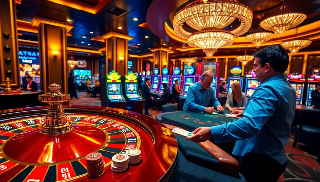 Engaging casino atmosphere at https://febet8.com with dealers, players, and roulette excitement.