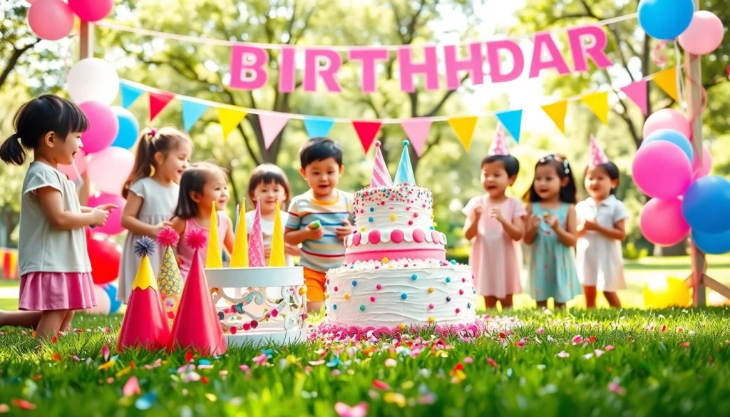 Children enjoying a Singapore birthday party with vibrant decorations and a colorful cake.