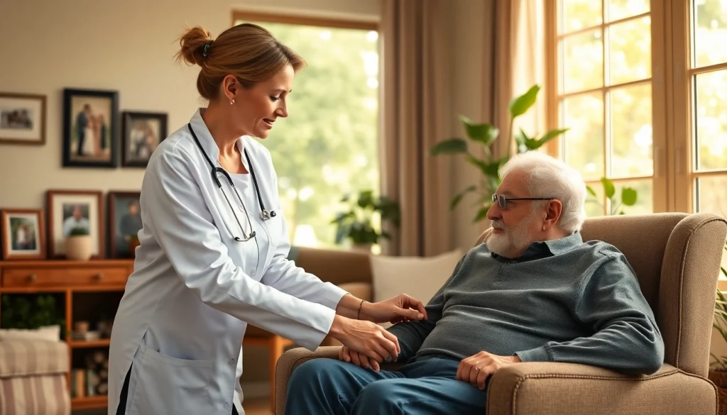 Senior care Austin TX: compassionate caregiver assisting an elderly gentleman in a cozy home setting.