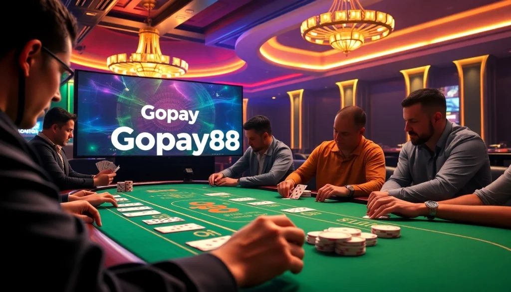 Exciting poker action at Gopay88 casino with a roulette wheel and vibrant ambiance.