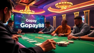 Exciting poker action at Gopay88 casino with a roulette wheel and vibrant ambiance.