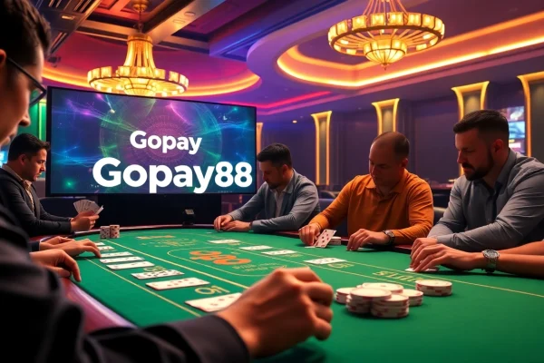 Exciting poker action at Gopay88 casino with a roulette wheel and vibrant ambiance.