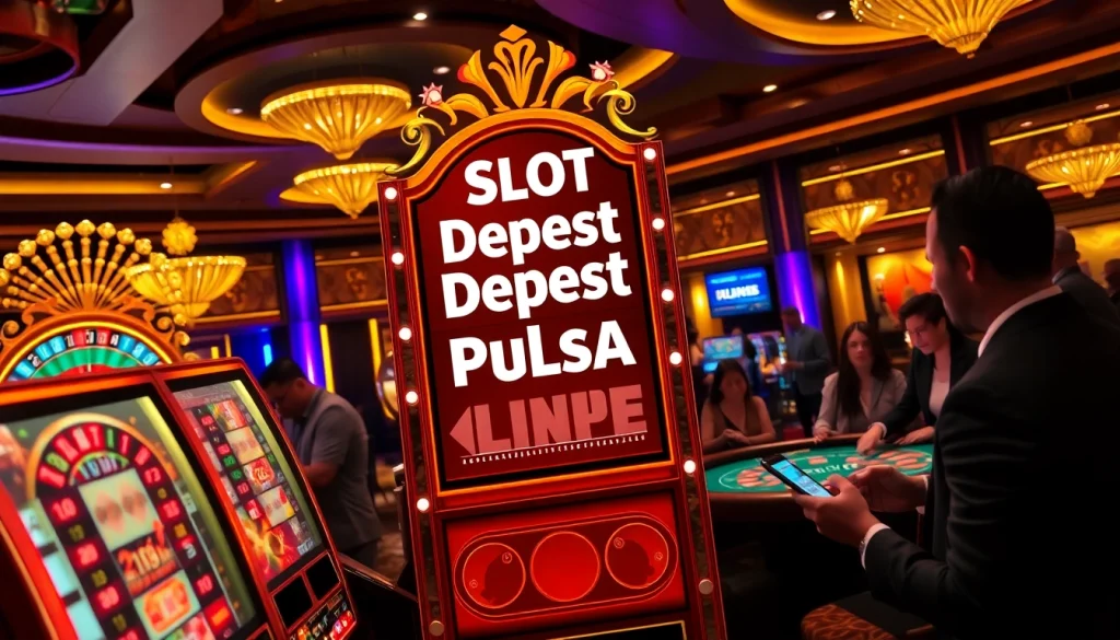 Para pemain yang antusias berinteraksi dengan mesin slot deposit pulsa di sebuah kasino mewah.