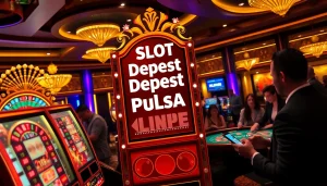 Para pemain yang antusias berinteraksi dengan mesin slot deposit pulsa di sebuah kasino mewah.
