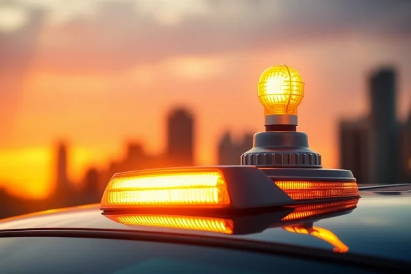 Warnleuchte V16 leuchtet auf dem Dach eines Fahrzeugs und signalisiert Sicherheit.