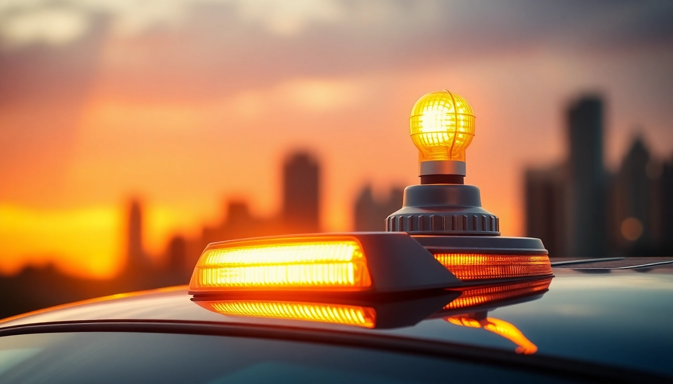 Warnleuchte V16 leuchtet auf dem Dach eines Fahrzeugs und signalisiert Sicherheit.