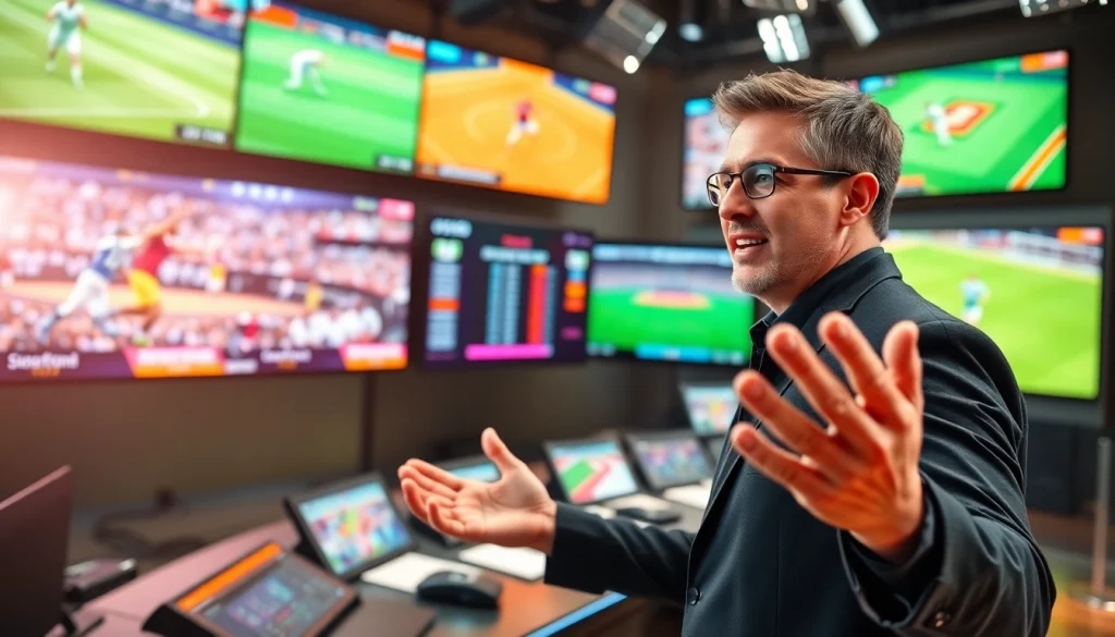 Engaging sports broadcasting setup showcasing a passionate commentator in action.