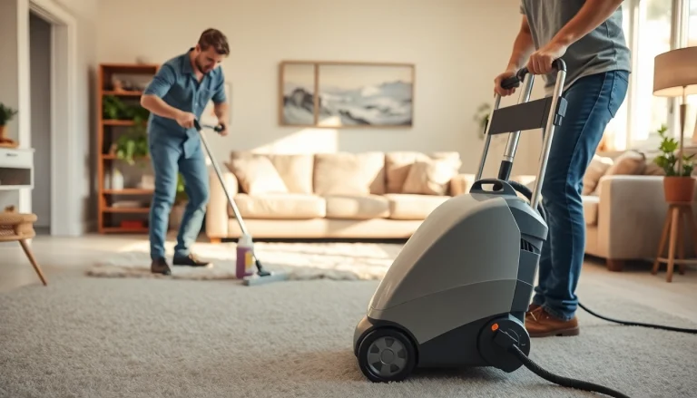 Local carpet cleaners efficiently working in a bright living room, showcasing effective cleaning techniques.