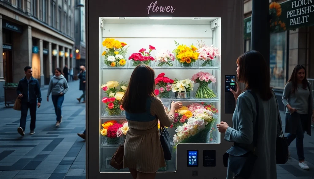 Flower vending machine displaying fresh floral arrangements in an urban setting, highlighting convenience and innovation.