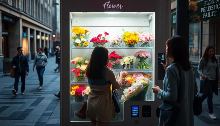 Flower vending machine displaying fresh floral arrangements in an urban setting, highlighting convenience and innovation.