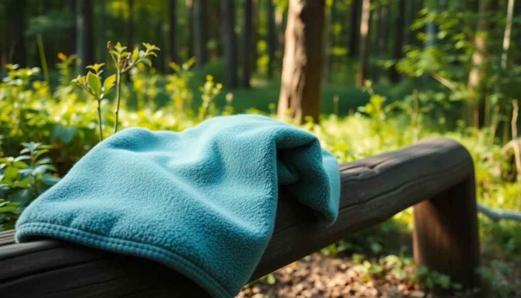 Fleece jas op een houten bank in een rustige bossetting met groene achtergrond.