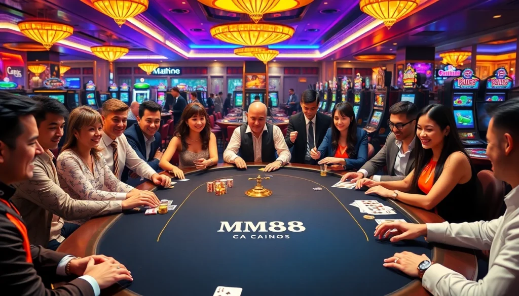 Experience the excitement of MM88 at a lively casino table with diverse players and vibrant games.