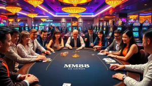 Experience the excitement of MM88 at a lively casino table with diverse players and vibrant games.