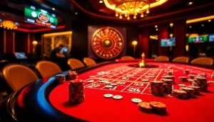 Engaging players at U888 casino table featuring vibrant chips and cards.