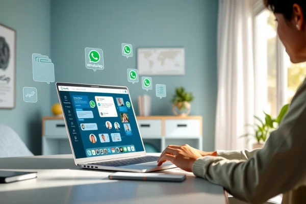 在现代笔记本电脑上使用 WhatsApp Web 的沉浸式用户体验,展示消息和视频通话功能。