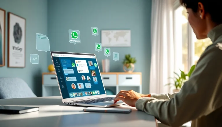 在现代笔记本电脑上使用 WhatsApp Web 的沉浸式用户体验，展示消息和视频通话功能。