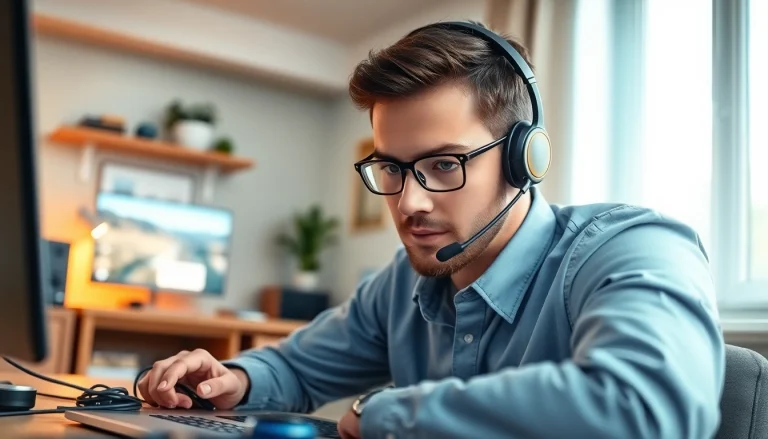 Technician offering residential IT support while troubleshooting in a modern workspace.