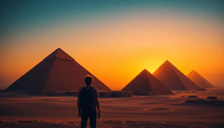 Pyraminds illuminated by sunset over a sandy landscape with a traveler in awe.
