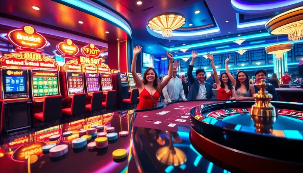 Excited players engaging with idnslot slot machines in a vibrant casino atmosphere.