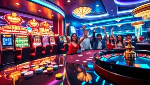 Excited players engaging with idnslot slot machines in a vibrant casino atmosphere.