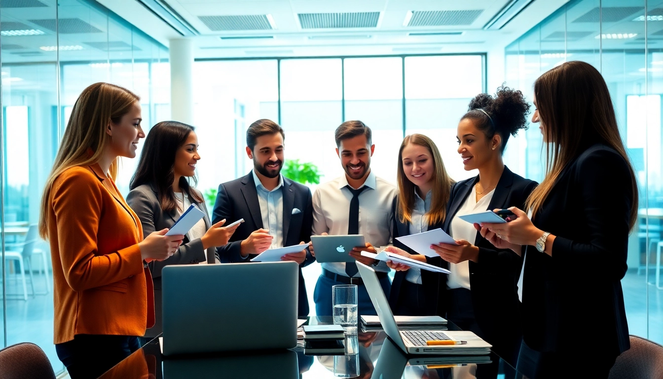 Engaged sales recruiters collaborating effectively on a sales recruiting platform in a bright office setting.