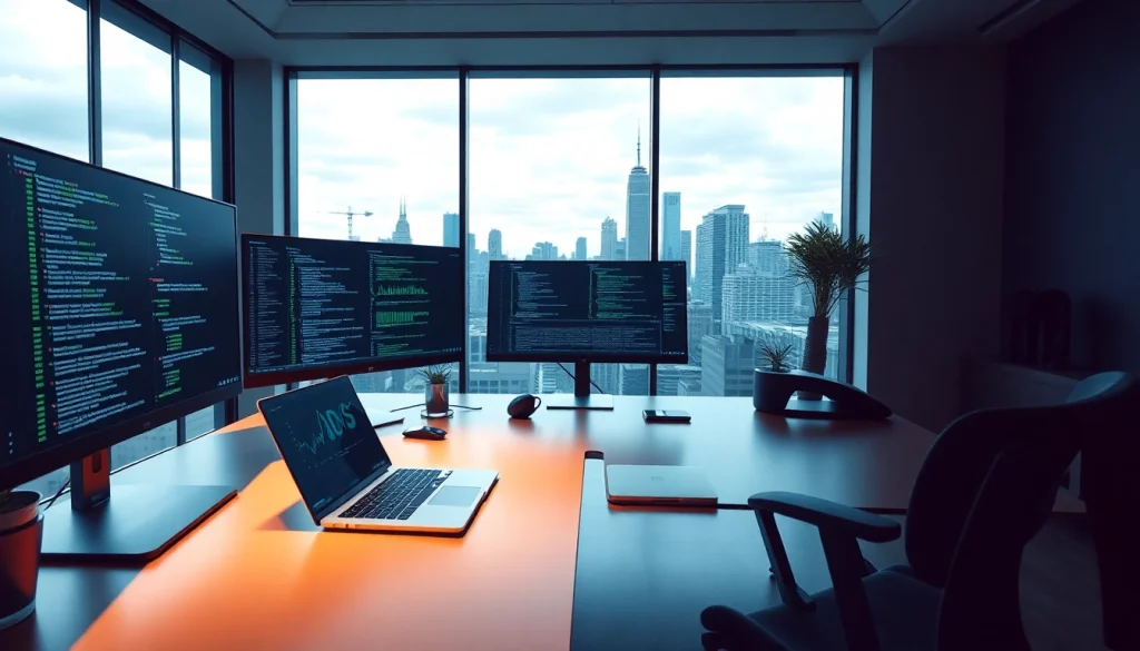 Infosec workspace with monitors showing security analytics and finance data