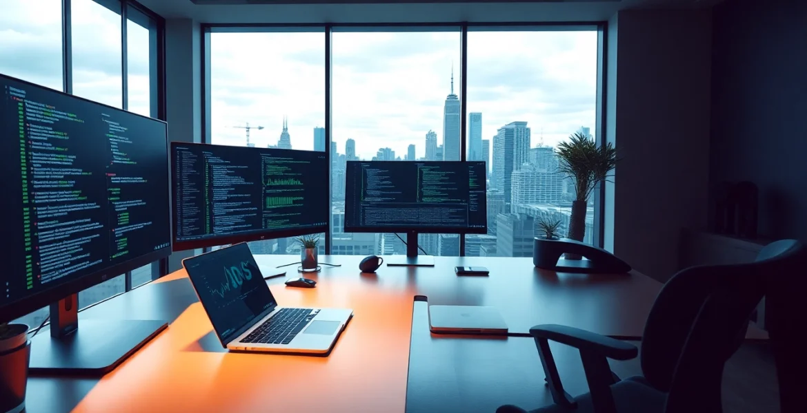 Infosec workspace with monitors showing security analytics and finance data