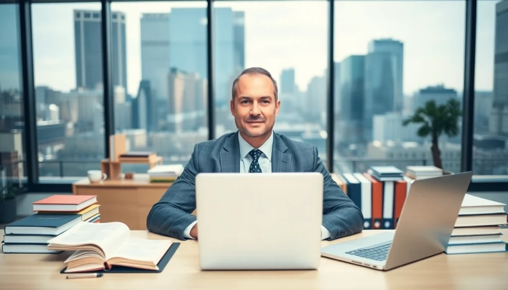 Engaging eminent domain lawyer consulting with clients in a professional office.