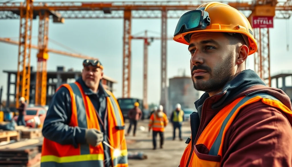 Construction career showcased through a skilled worker managing a bustling site.