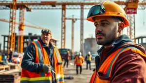 Construction career showcased through a skilled worker managing a bustling site.