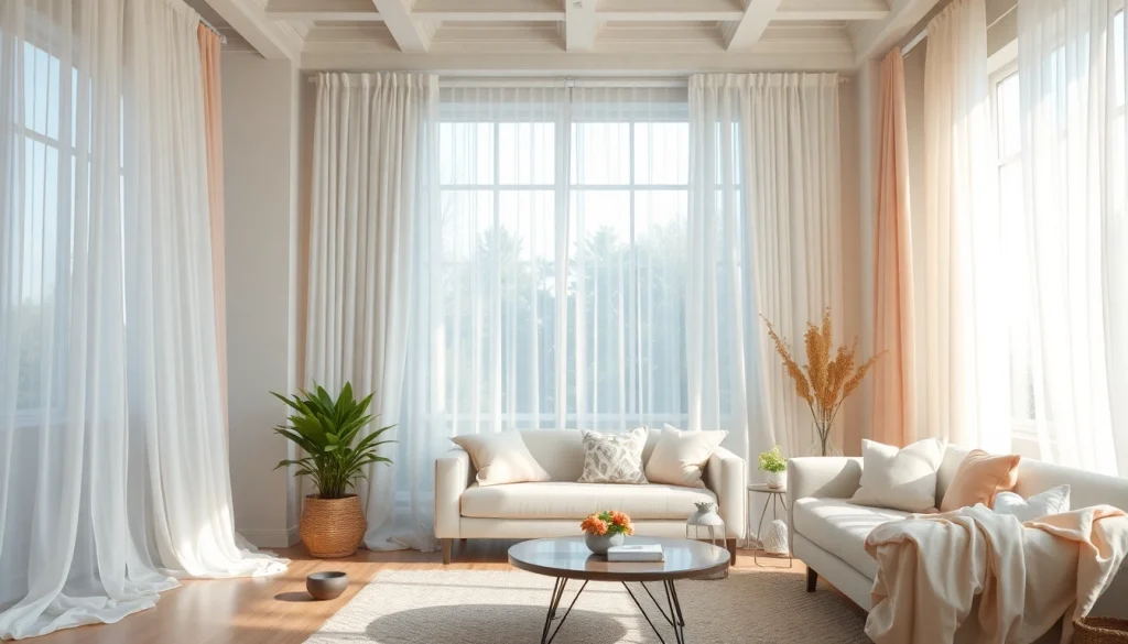 Elegante voile stoffen die natuurlijk licht in een stijlvolle ruimte laten zien.