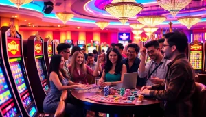 Excited players enjoying slot deposit pulsa at a vibrant casino, surrounded by colorful slot machines.