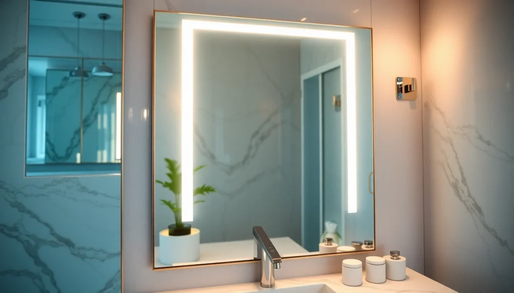Elevate your space with a mirror with lights illuminating your modern bathroom.