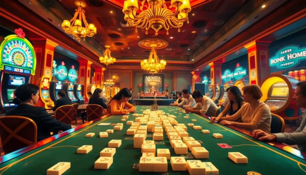Players enjoying link mahjong amidst vibrant casino action, showcasing festive tables and colorful gaming elements.