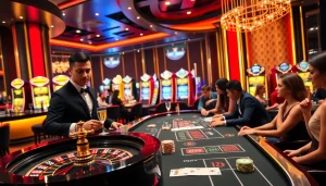 A vibrant casino scene at bk8th showcasing luxurious tables, exciting games, and lively players.
