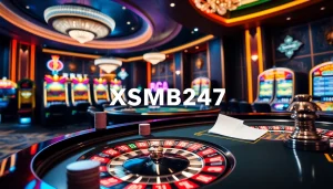 XSMB247 players engaging at a roulette table surrounded by colorful slot machines.