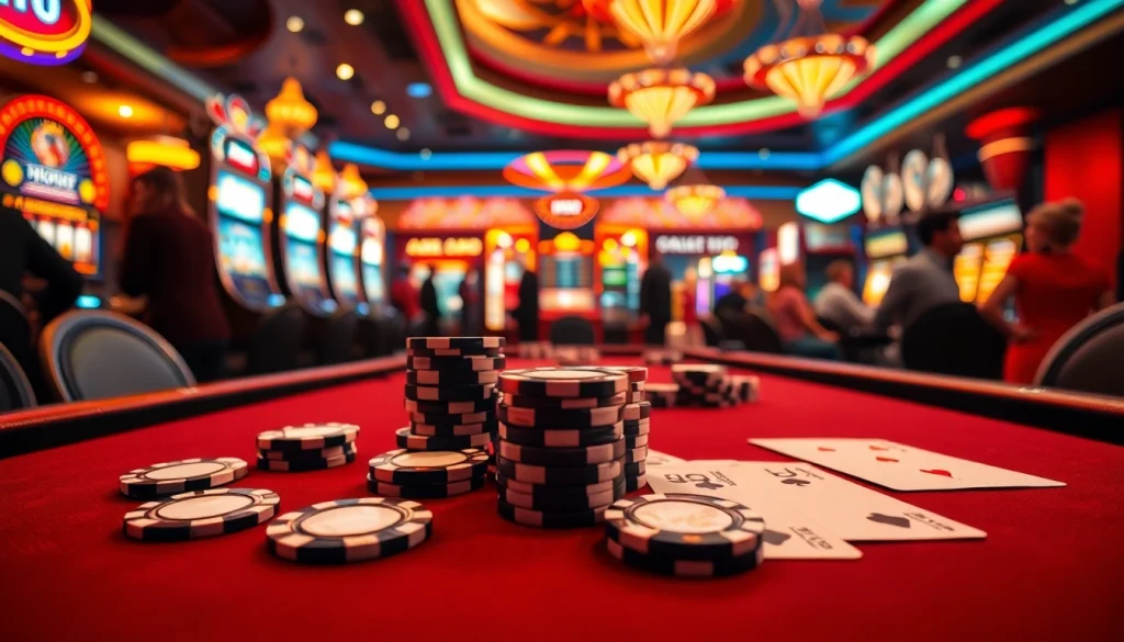 Experience a high-stakes poker game with luxurious MMOO-themed chips and vibrant casino ambiance.
