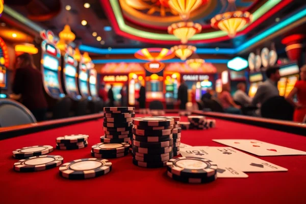 Experience a high-stakes poker game with luxurious MMOO-themed chips and vibrant casino ambiance.