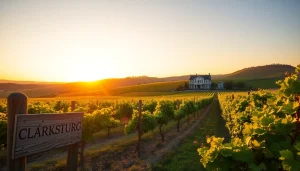 A scenic vineyard showcasing wineries in Clarksburg with lush grapevines, sunset light, and a welcoming atmosphere.